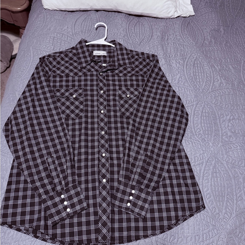Wrangler Wrancher Pearl Snap Shirt- Long Sleeve- Dark Blue/Light Blue Plaid-XL